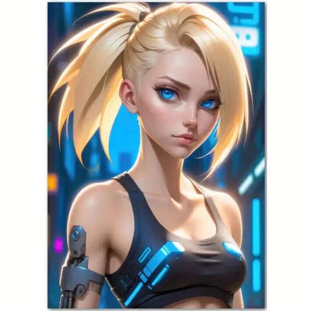 Anime Cyberpunk Girl With Blue Eyes Vibrant Artistic Canvas Print 12" X 16" Art:Art Prints Style Your Walls